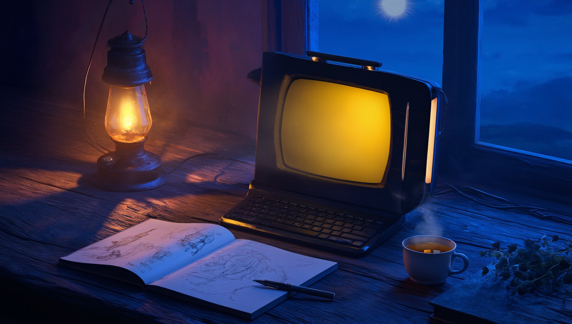 A glowing retro terminal beside an oil lamp, sketchbook and tea