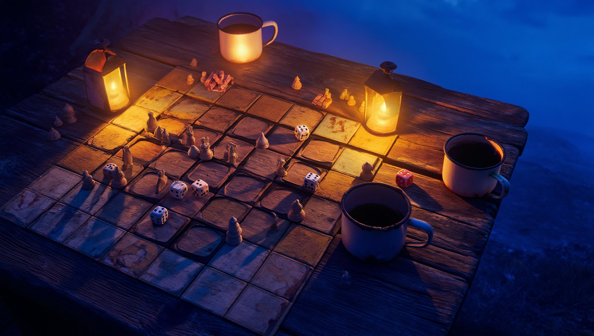 A lamplit table with a worn game board, carved pieces and enamel mugs